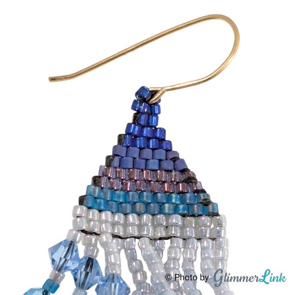 Beaded Fringe Ombre Blue Purple Boho Festival Seed Bead Statement Earrings - Picture 8 of 10